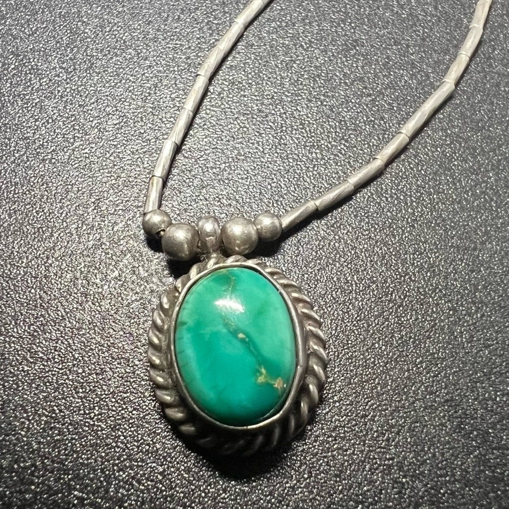 Vintage Liquid Silver Green Turquoise Pendant Native American Sterling Necklace